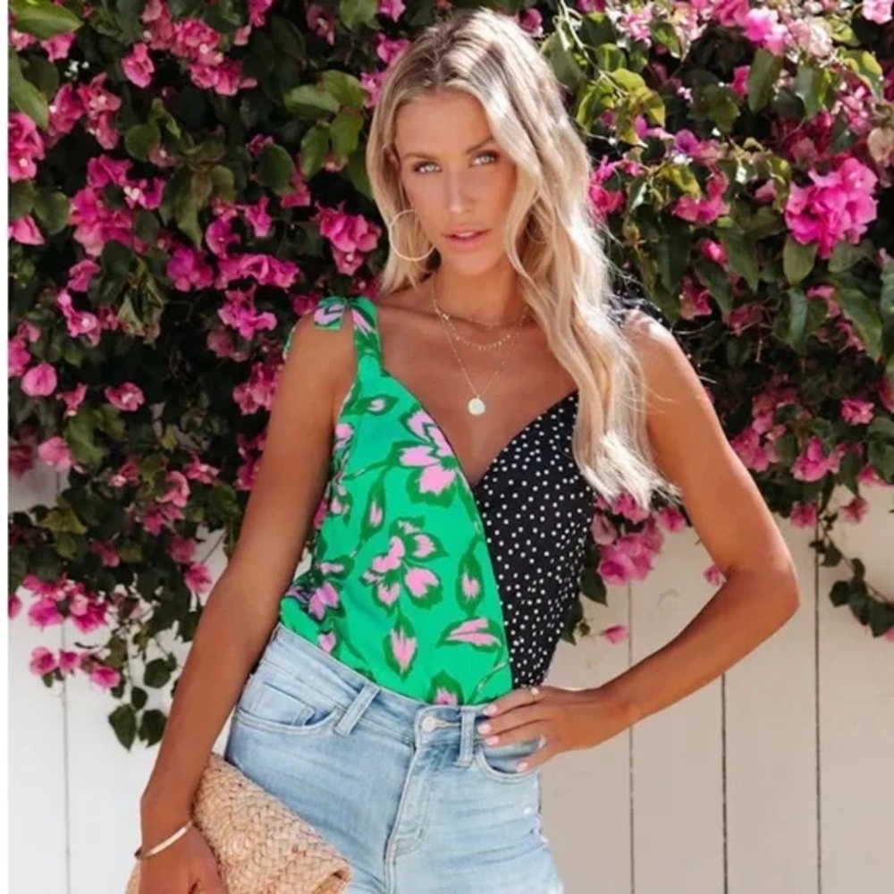 NWOT • VICI Green Floral and Black Polka Dot Bodysuit
